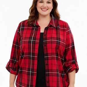 Allison Daley 18W Red Plaid Button Down Shirt Plus Size Cotton Stretch